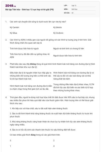 Bài tập Tiến hóa - Sinh học 12 cực hay có lời giải (P8)