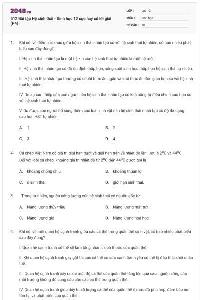 512 Bài tập Hệ sinh thái - Sinh học 12 cực hay có lời giải (P4)