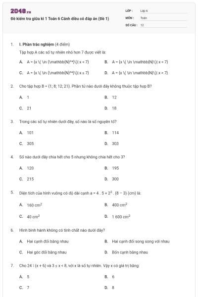 Đề kiểm tra giữa kì 1 Toán 6 Cánh diều có đáp án (Đề 1)