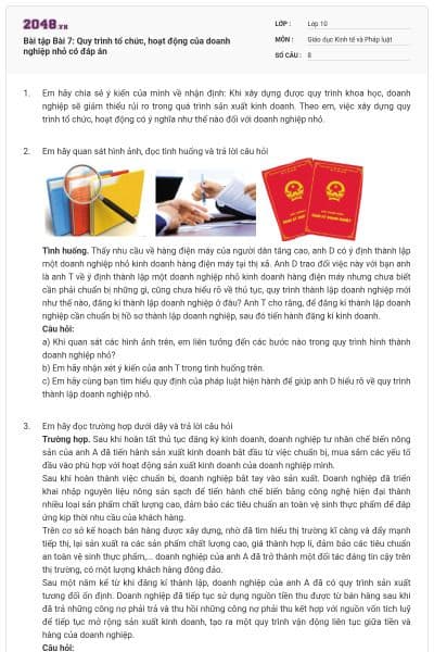 Bài tập Bài 7: Quy trình tổ chức, hoạt động của doanh nghiệp nhỏ có đáp án