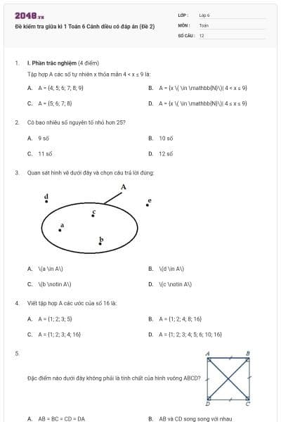 Đề kiểm tra giữa kì 1 Toán 6 Cánh diều có đáp án (Đề 2)