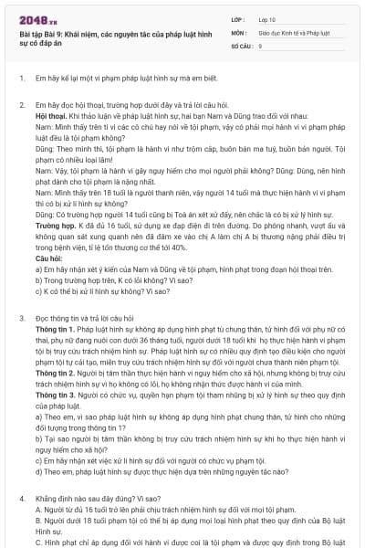 Bài tập Bài 9: Khái niệm, các nguyên tắc của pháp luật hình sự có đáp án
