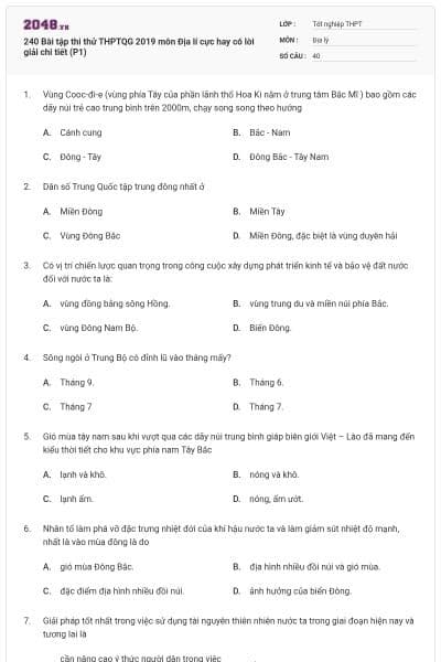 240 Bài tập thi thử THPTQG 2019 môn Địa lí cực hay có lời giải chi tiết (P1)