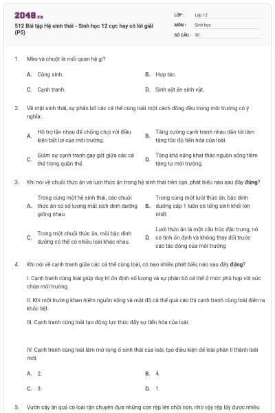 512 Bài tập Hệ sinh thái - Sinh học 12 cực hay có lời giải (P5)