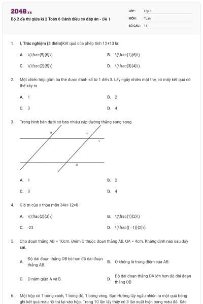 Bộ 2 đề thi giữa kì 2 Toán 6 Cánh diều có đáp án - Đề 1