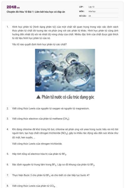 Chuyên đề Hóa 10 Bài 1: Liên kết hóa học có đáp án