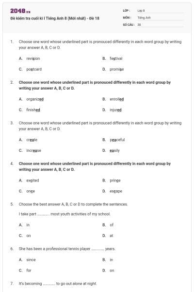 Đề kiểm tra cuối kì I Tiếng Anh 8 (Mới nhất) - Đề 18