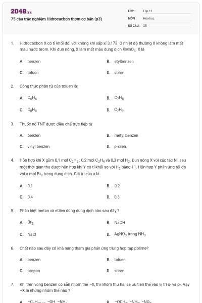 75 câu trắc nghiệm Hidrocacbon thơm cơ bản (p3)