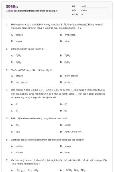 75 câu trắc nghiệm Hidrocacbon thơm cơ bản (p3)