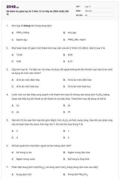 Đề kiểm tra giữa học kì 2 Hóa 12 có đáp án (Mới nhất) (Đề 4)
