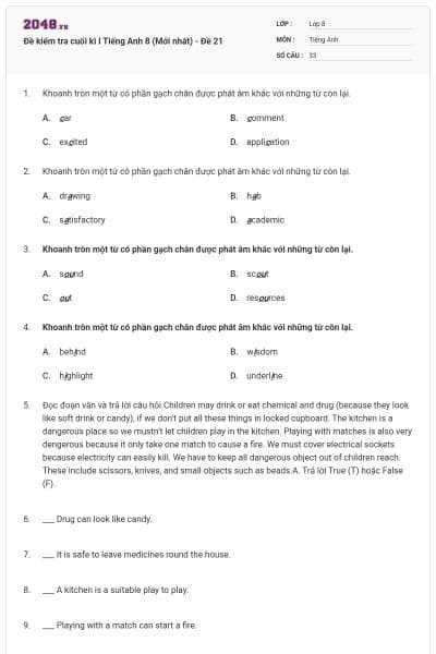 Đề kiểm tra cuối kì I Tiếng Anh 8 (Mới nhất) - Đề 21
