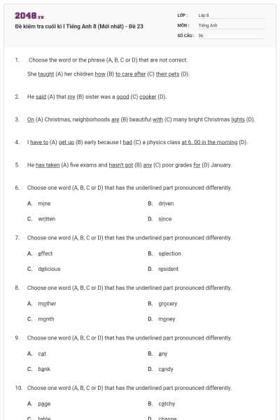 Đề kiểm tra cuối kì I Tiếng Anh 8 (Mới nhất) - Đề 23
