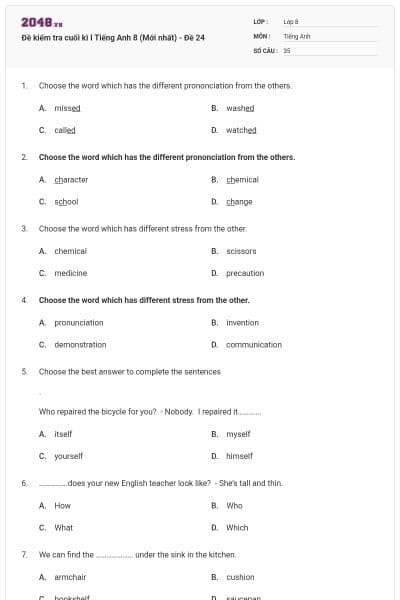 Đề kiểm tra cuối kì I Tiếng Anh 8 (Mới nhất) - Đề 24