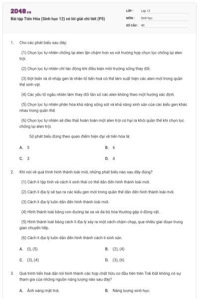 Bài tập Tiến Hóa (Sinh học 12) có lời giải chi tiết (P5)