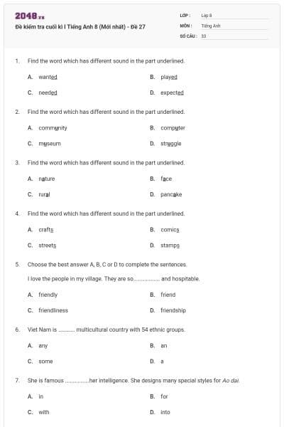Đề kiểm tra cuối kì I Tiếng Anh 8 (Mới nhất) - Đề 27