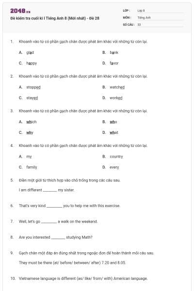Đề kiểm tra cuối kì I Tiếng Anh 8 (Mới nhất) - Đề 28