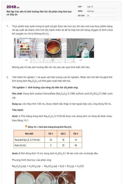 Bài tập Các yếu tố ảnh hưởng đến tốc độ phản ứng hóa học có đáp án