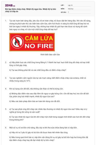 Bài tập Điểm chớp cháy. Nhiệt độ ngọn lửa. Nhiệt độ tự bốc cháy có đáp án