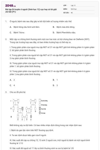 Bài tập Di truyền ở người (Sinh học 12) cực hay có lời giải chi tiết (P1)