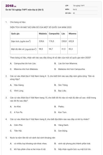 Ôn thi Tốt nghiệp THPT môn Địa lý (Đề 5)