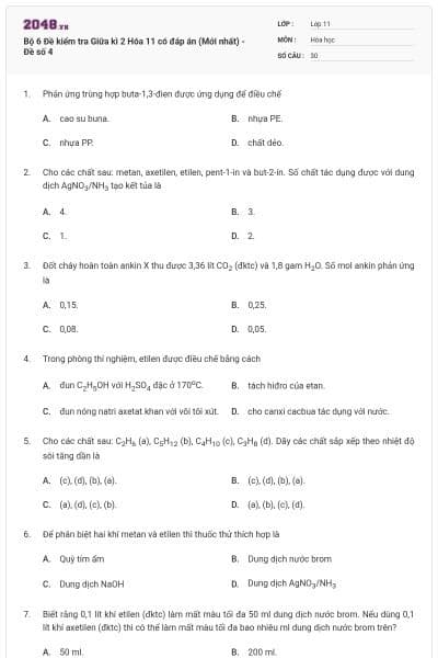 Bộ 6 Đề kiểm tra Giữa kì 2 Hóa 11 có đáp án (Mới nhất) - Đề số 4
