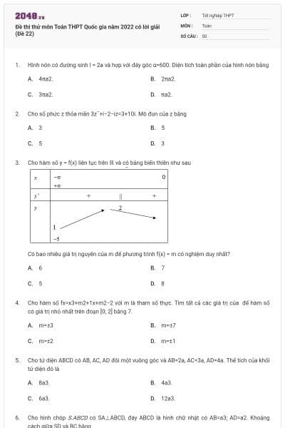 Đề thi thử môn Toán THPT Quốc gia năm 2022 có lời giải (Đề 22)