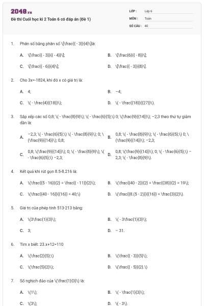Đề thi Cuối học kì 2 Toán 6 có đáp án (Đề 1)