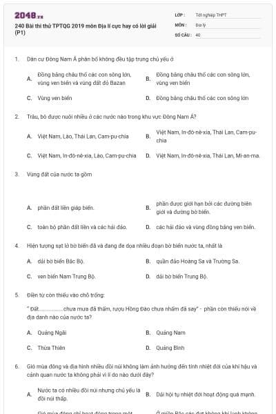 240 Bài thi thử TPTQG 2019 môn Địa lí cực hay có lời giải (P1)