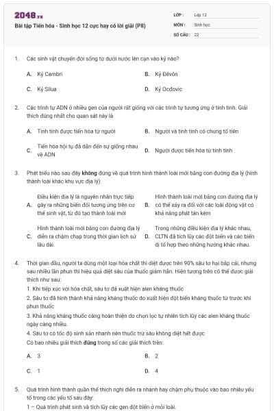 Bài tập Tiến hóa - Sinh học 12 cực hay có lời giải (P8)