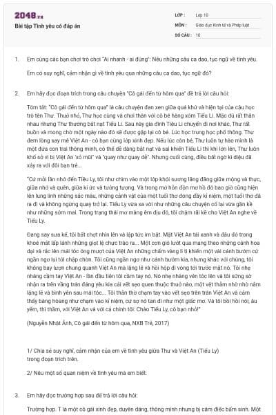 Bài tập Tình yêu có đáp án