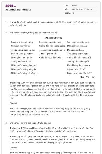 Bài tập Hôn nhân có đáp án