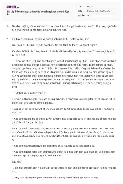 Bài tập Tổ chức hoạt động của doanh nghiệp nhỏ có đáp án