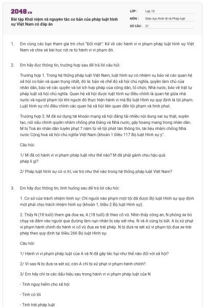 Bài tập Khái niệm và nguyên tắc cơ bản của pháp luật hình sự Việt Nam có đáp án
