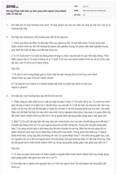Bài tập Pháp luật hình sự liên quan đến người chưa thành niên có đáp án