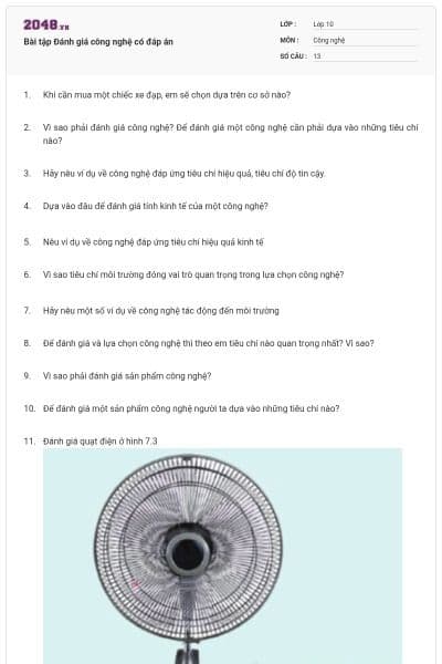 Bài tập Đánh giá công nghệ có đáp án