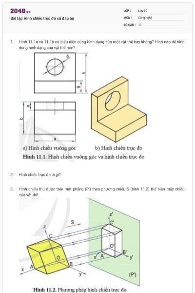 Bài tập Hình chiếu trục đo có đáp án