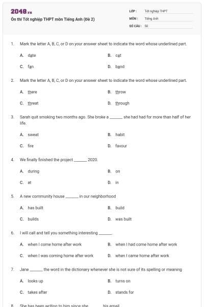 Ôn thi Tốt nghiệp THPT môn Tiếng Anh (Đề 2)