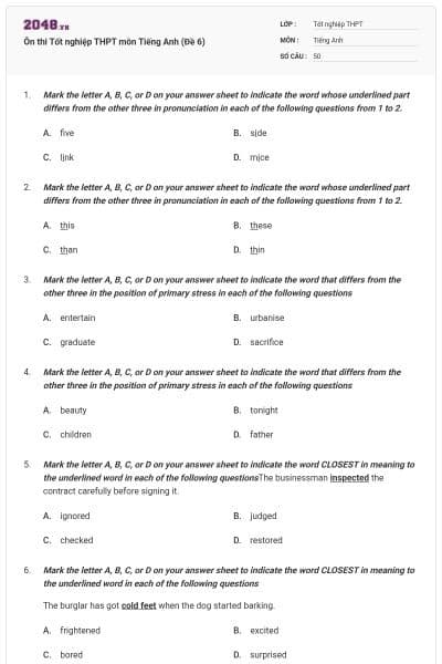 Ôn thi Tốt nghiệp THPT môn Tiếng Anh (Đề 6)