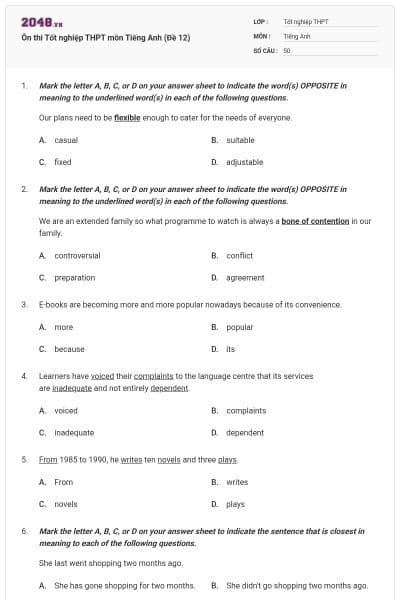 Ôn thi Tốt nghiệp THPT môn Tiếng Anh (Đề 12)
