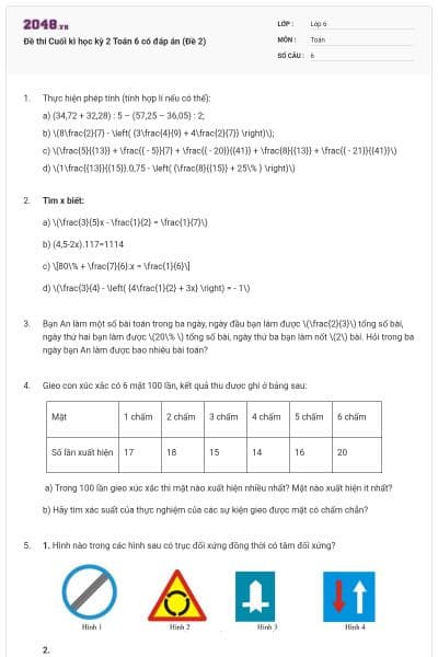 Đề thi Cuối kì học kỳ 2 Toán 6 có đáp án (Đề 2)