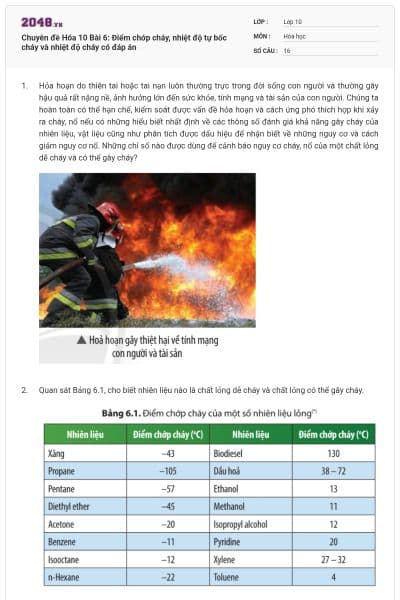 Chuyên đề Hóa 10 Bài 6: Điểm chớp cháy, nhiệt độ tự bốc cháy và nhiệt độ cháy có đáp án
