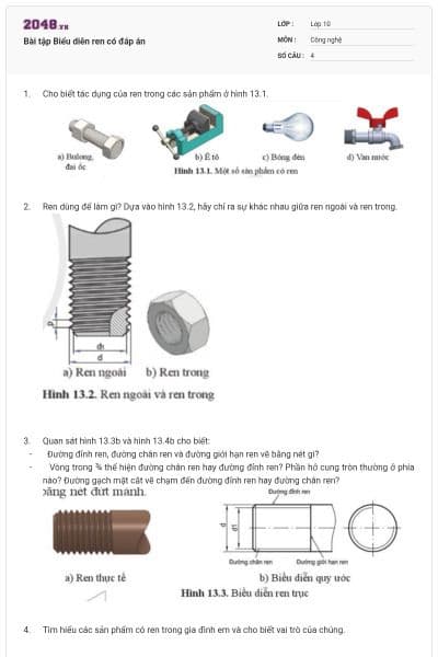 Bài tập Biểu diễn ren có đáp án