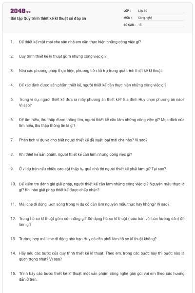 Bài tập Quy trình thiết kế kĩ thuật có đáp án