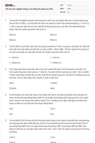 125 câu trắc nghiệm Sóng cơ và Sóng âm nâng cao (P3)