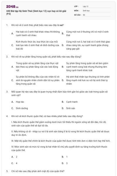 440 Bài tập Hệ Sinh Thái (Sinh học 12) cực hay có lời giải (P3)