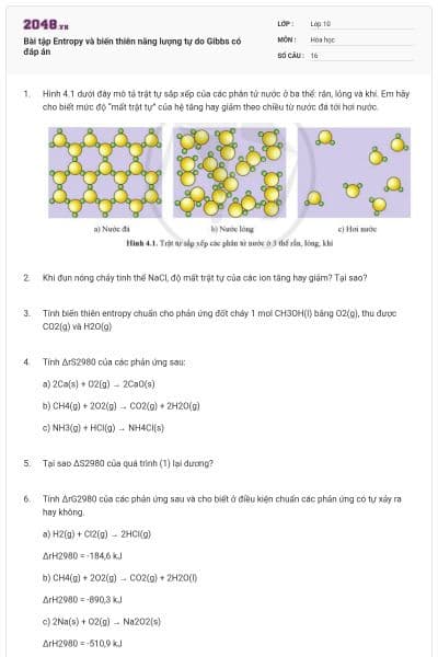 Bài tập Entropy và biến thiên năng lượng tự do Gibbs có đáp án