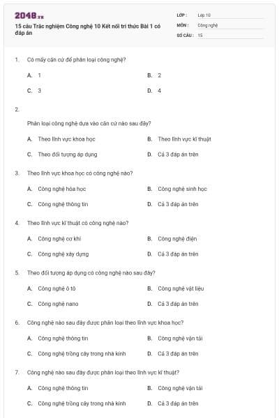 15 câu Trắc nghiệm Công nghệ 10 Kết nối tri thức Bài 1 có đáp án