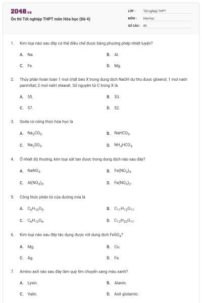 Ôn thi Tốt nghiệp THPT môn Hóa học (Đề 4)