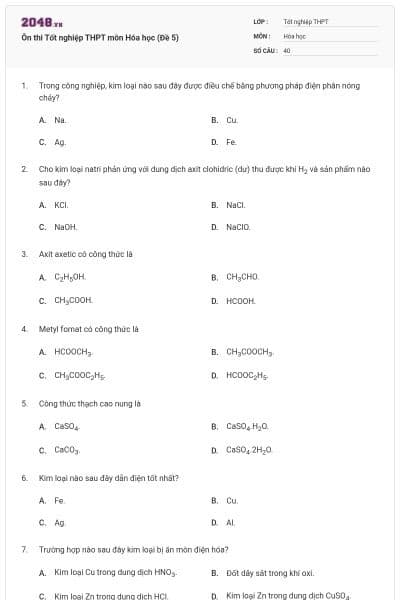 Ôn thi Tốt nghiệp THPT môn Hóa học (Đề 5)