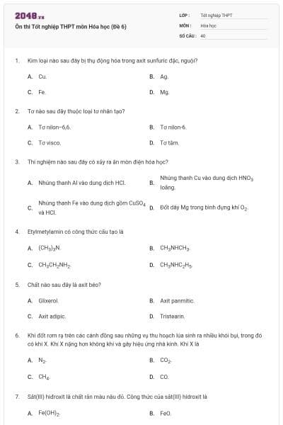 Ôn thi Tốt nghiệp THPT môn Hóa học (Đề 6)